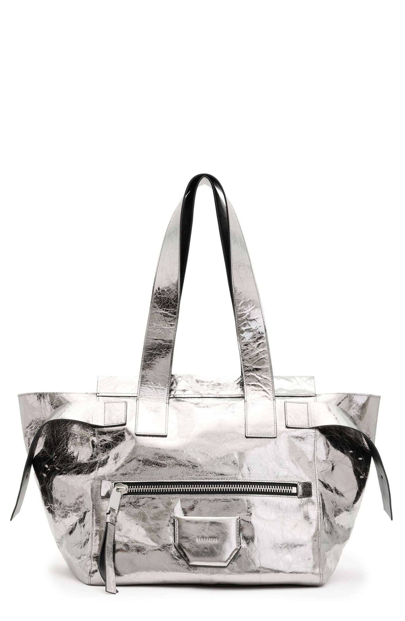 AllSaints Perez Metallic Leather Shoulder Tote, Main, color, 