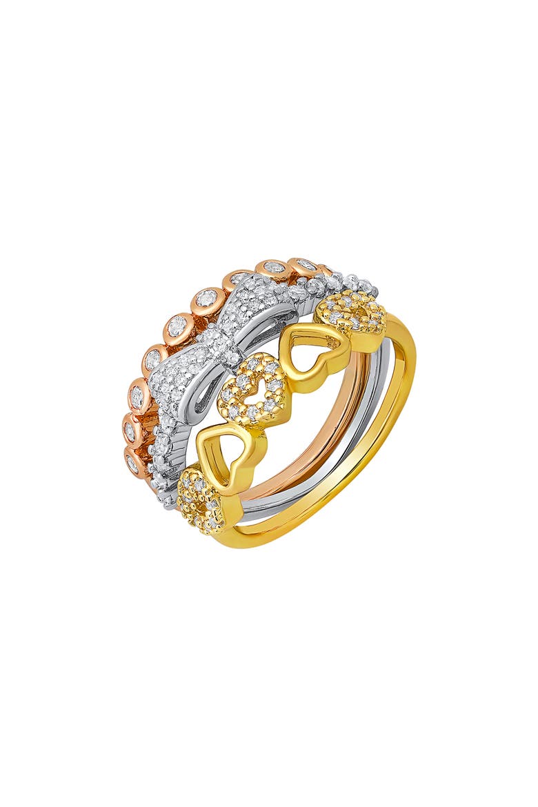 Set of 3 Tri-Tone 18K Gold Plated Simulated Diamond Stackable Rings, Alternate, color, GOLD MULTI