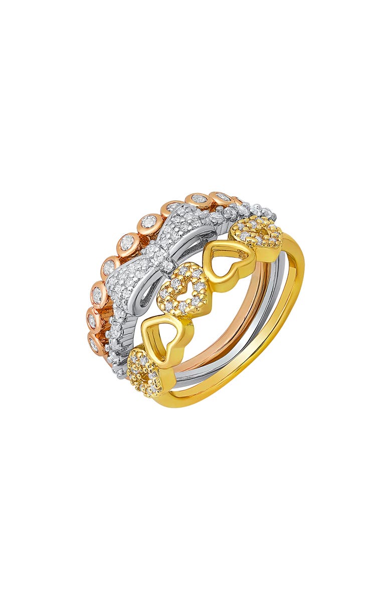 HMY JEWELRY Set of 3 Tri-Tone 18K Gold Plated Simulated Diamond Stackable Rings, Alternate, color, Gold Multi