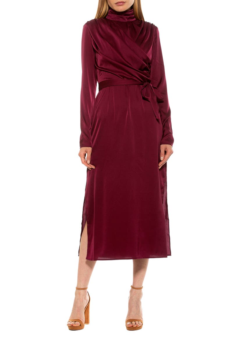 Mock Neck Long Sleeve Draped Midi Dress, Main, color, CRANBERRY
