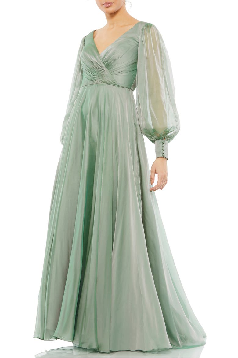 Illusion Long Sleeve A-Line Gown, Main, color, SAGE