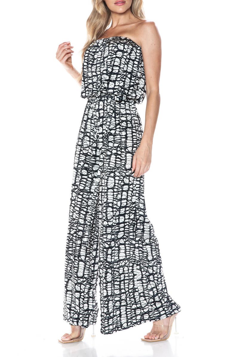O.L. Printed Strapless Wide Leg Jumpsuit, Alternate, color, Black/ White