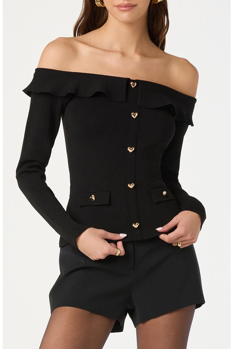 Heart Button Off the Shoulder Sweater, Main, color, BLACK