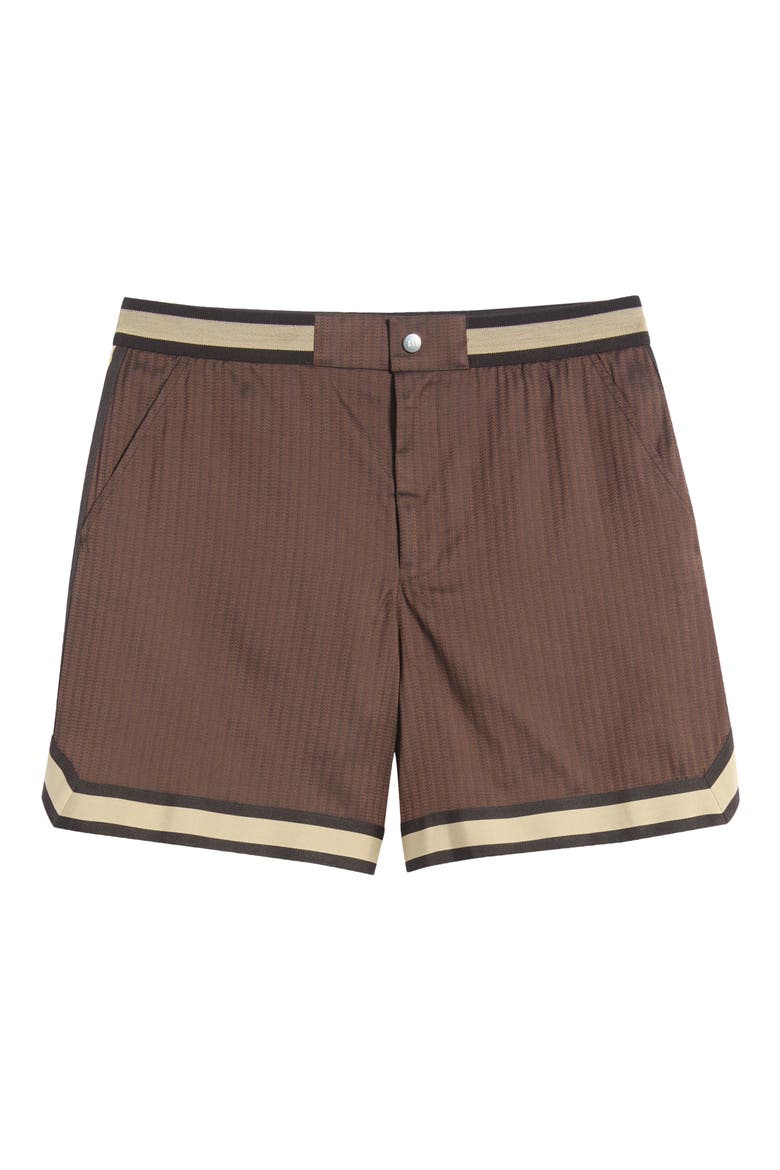 Baller Pinstripe Swim Trunks, Main, color, CHOCOLATE BROWN-38