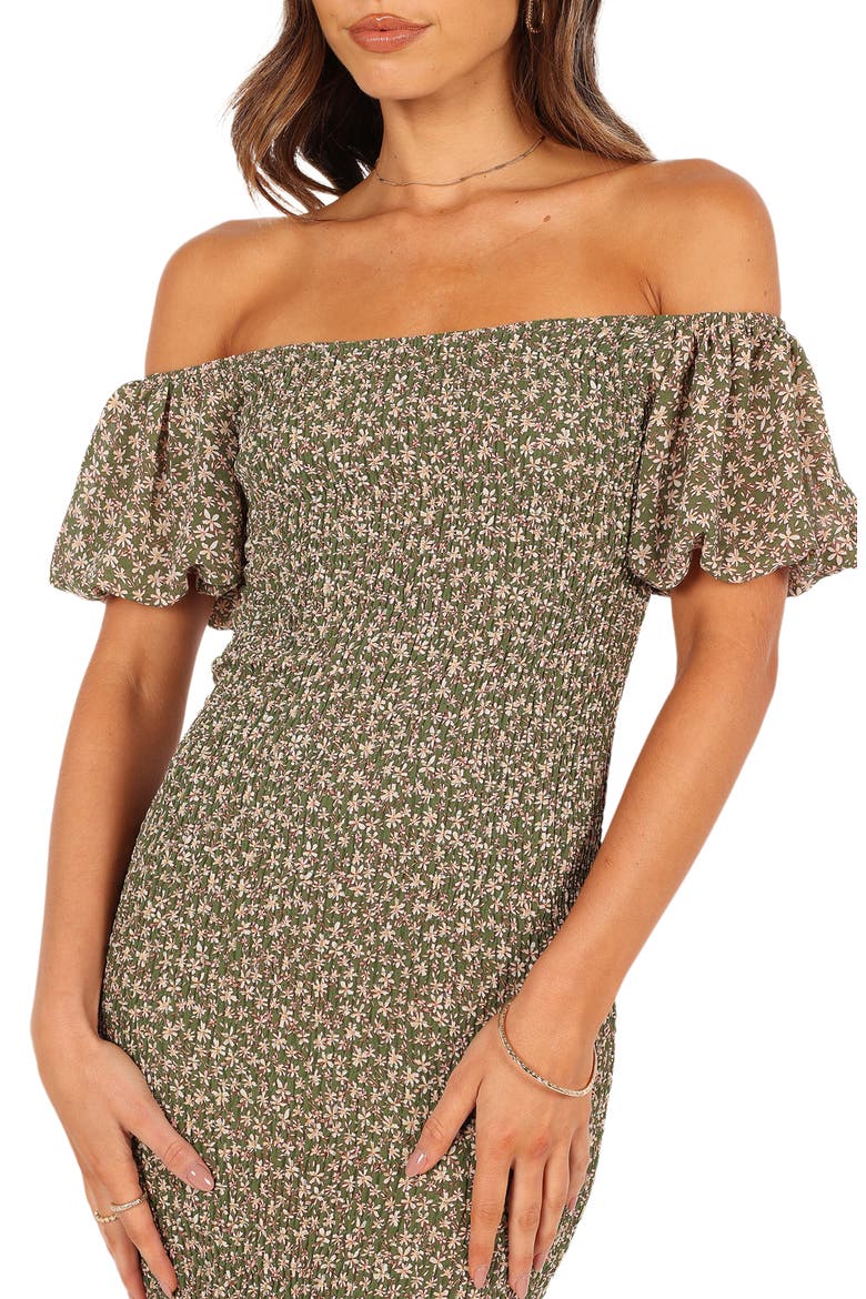 Claire Smocked Off the Shoulder Dress, Alternate, color, GREEN FLORAL