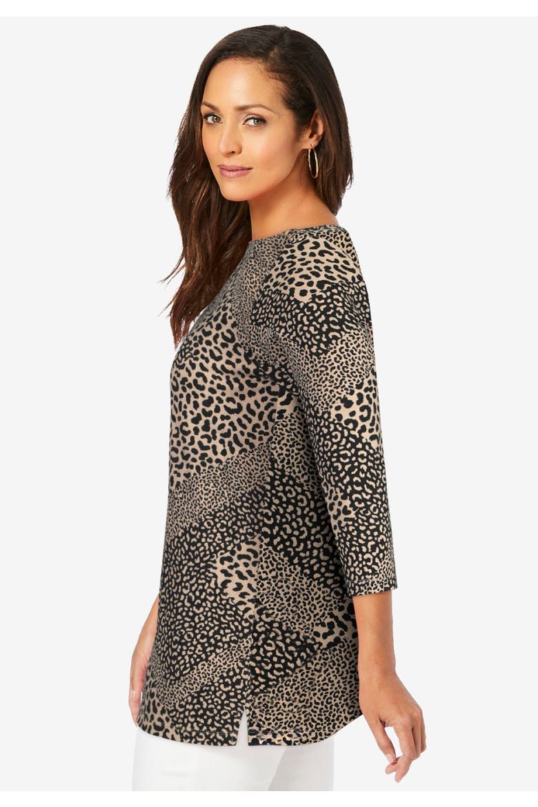 Stretch Cotton Boatneck Tunic, Alternate, color, NEW KHAKI ANIMAL PATCHWORK