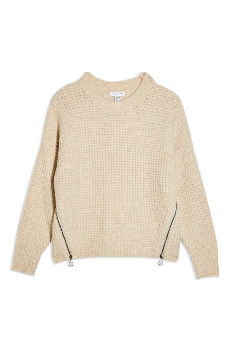 Topshop Zip Detail Waffle Knit Sweater, Alternate, color,