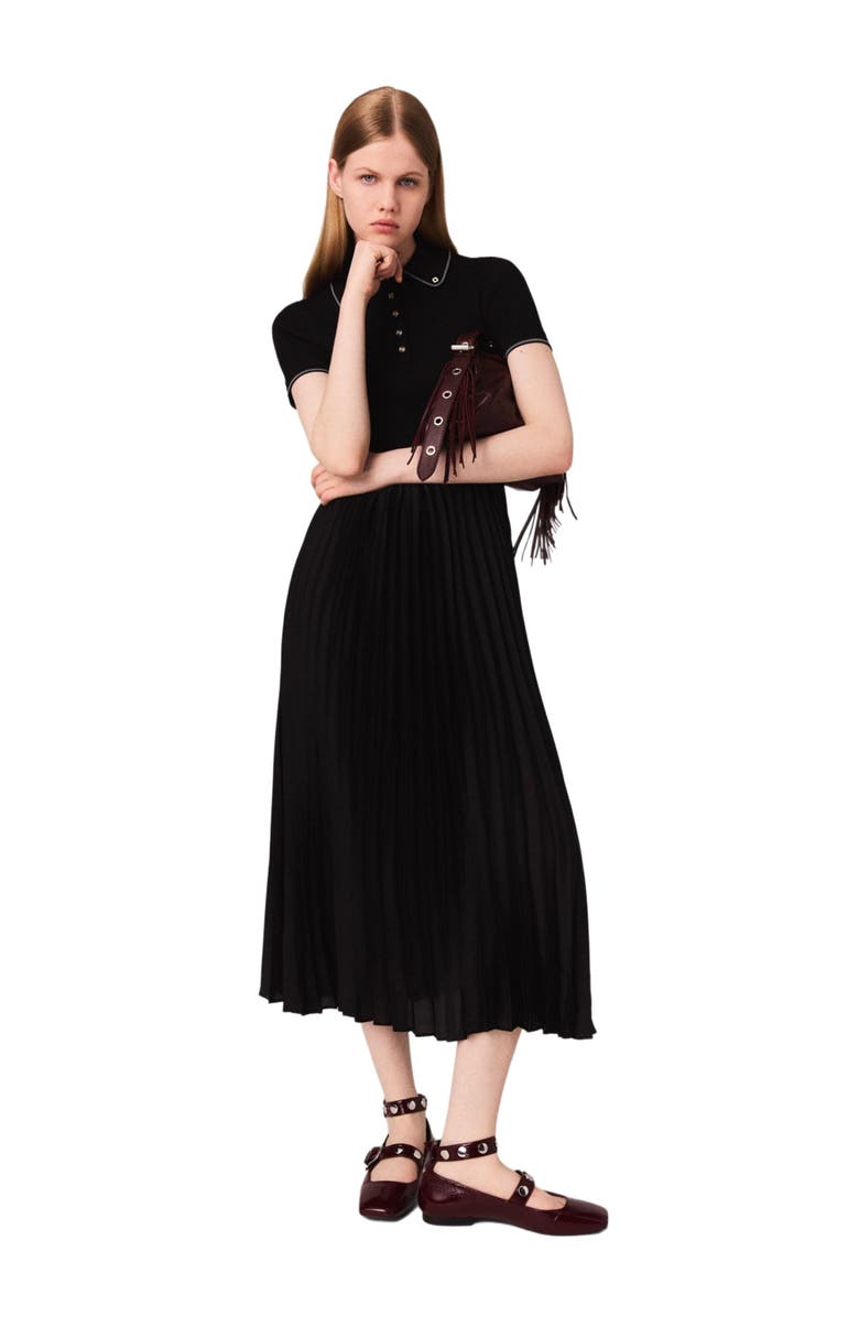 maje Pleated maxi dress with polo collar, Main, color, Black