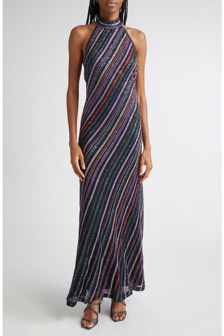 sequin striped halter dress in black Lucy In The Sky Sequin Striped Halter Mini Dress