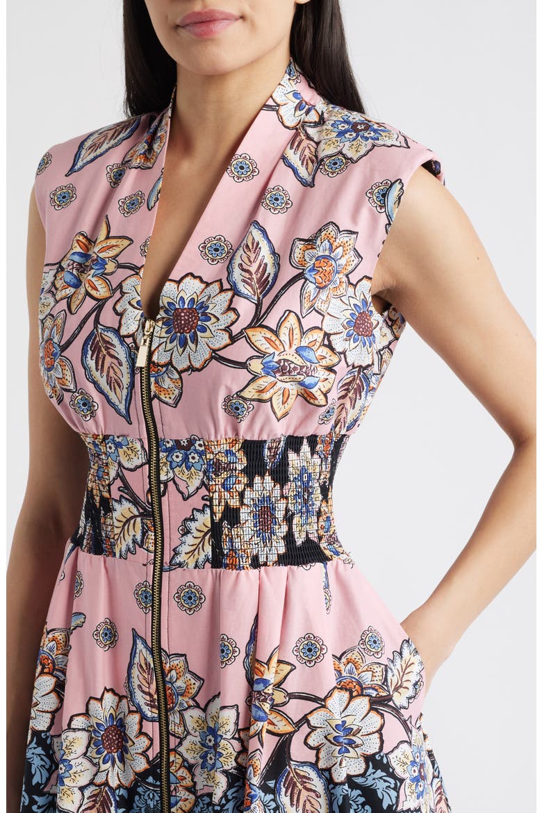 Smocked Waist Stretch Cotton Midi Dress, Alternate, color, PINK MULTI
