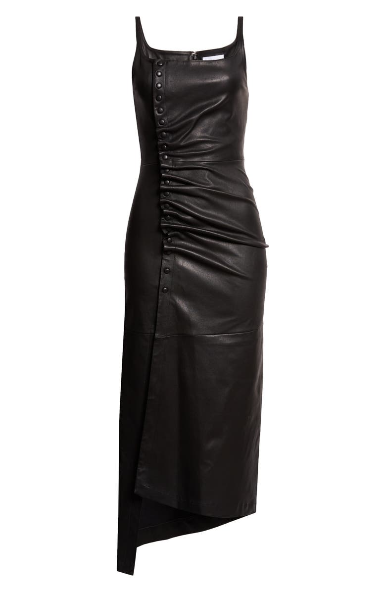 Rabanne Drappé Pression Asymmetric Lambskin Leather Midi Dress, Alternate, color, Black