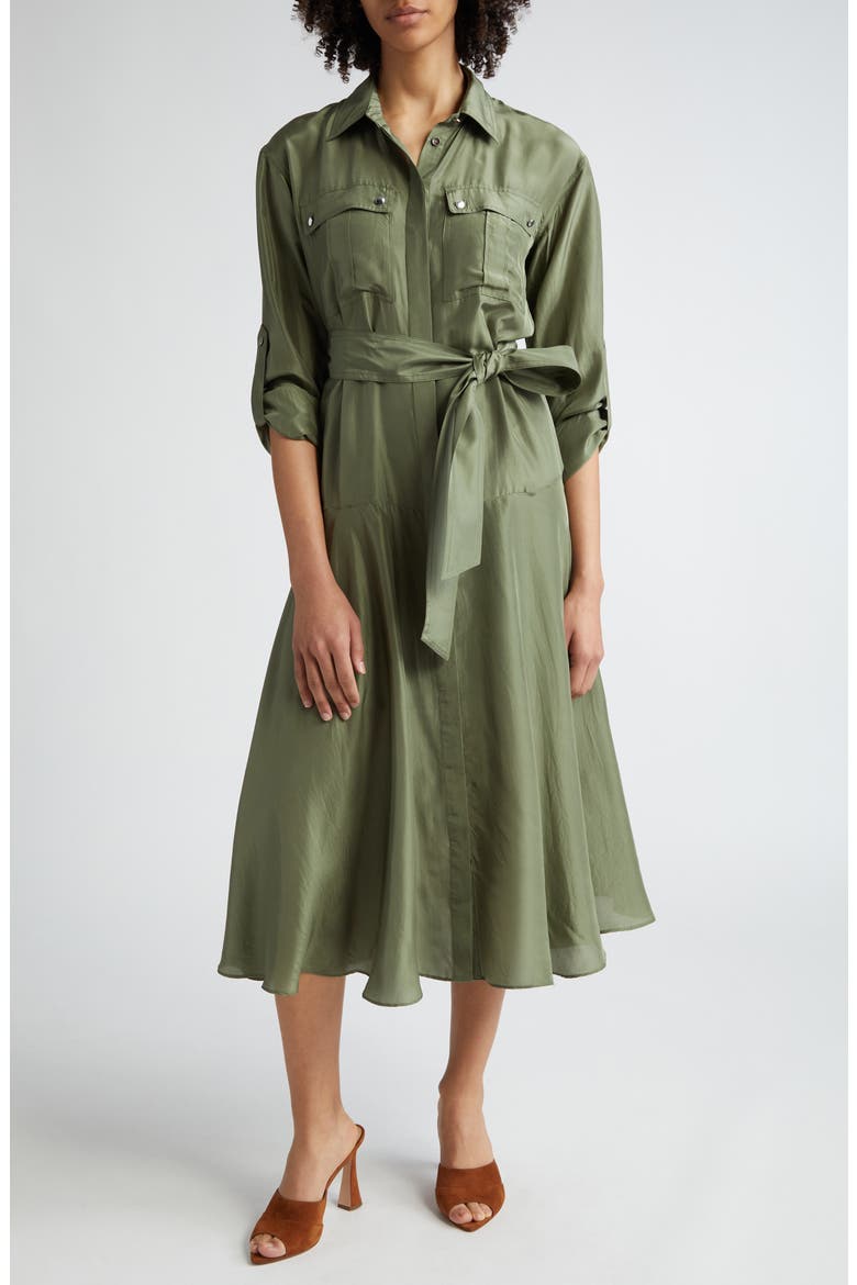 Camille Tie Waist Long Sleeve Silk Midi Dress, Main, color, STONE ARMY