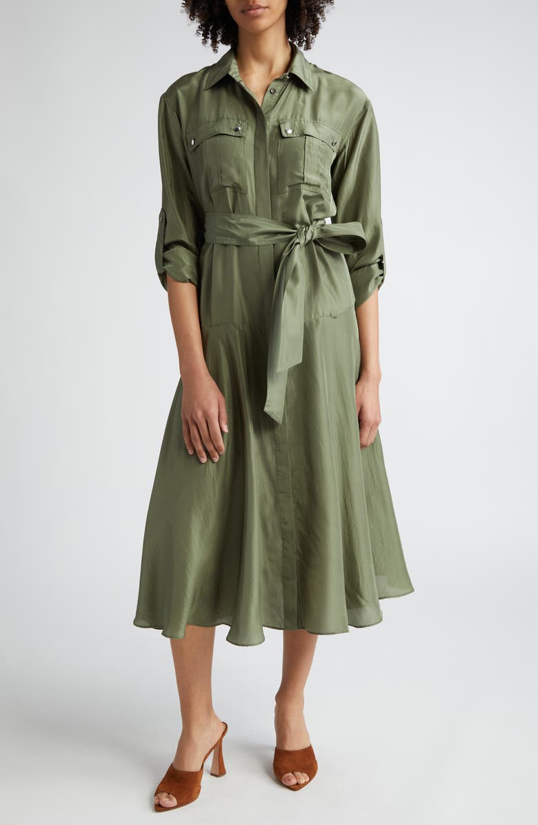Veronica Beard Camille Tie Waist Long Sleeve Silk Midi Dress, Main, color, Stone Army