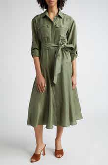 Veronica Beard Camille Tie Waist Long Sleeve Silk Midi Dress