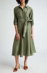 Veronica Beard Camille Tie Waist Long Sleeve Silk Midi Dress