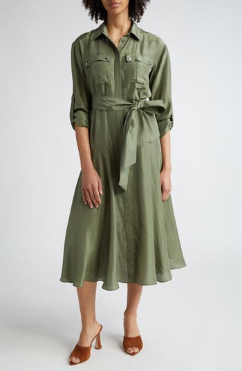 Veronica Beard Camille Belted Silk Shirtdress In Stone Army