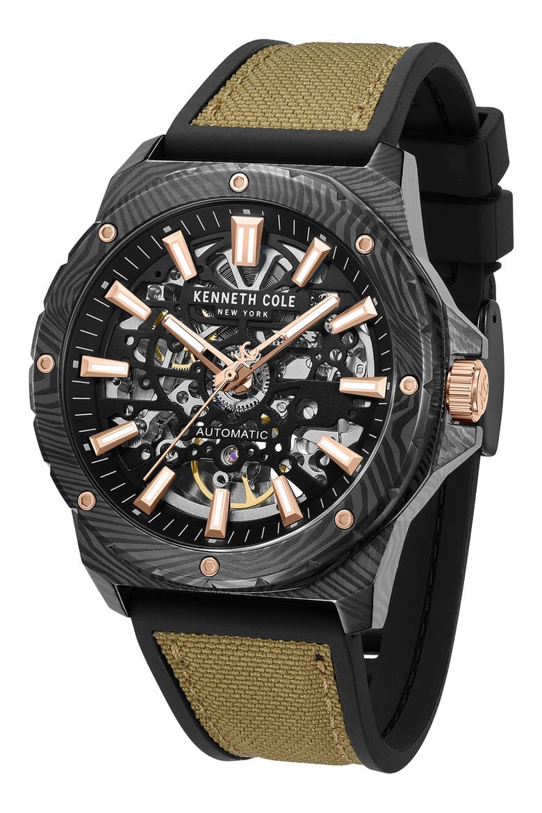 The Hollis Skeleton Automatic Silicone & Nylon Strap, 45mm, Alternate, color, TAN / BROWN LIGHT