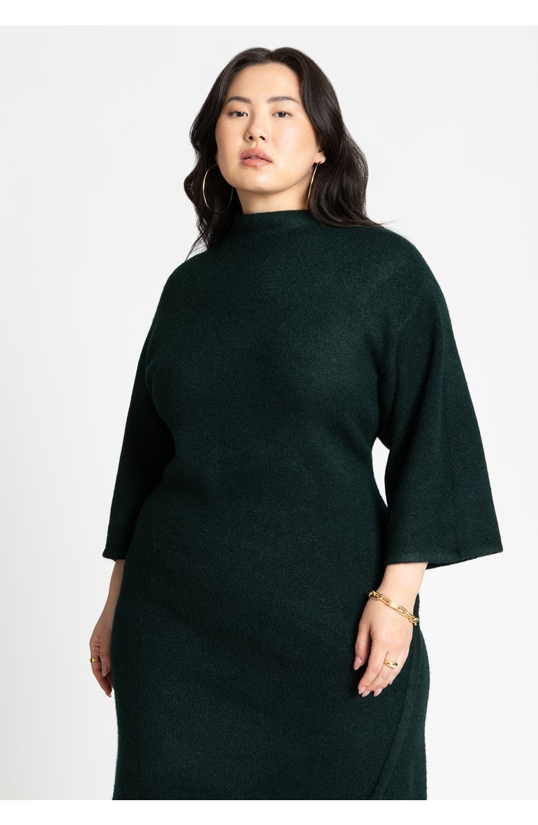 ELOQUII Funnel Neck Wide Sleeve Midi Dress, Alternate, color, Dark Green