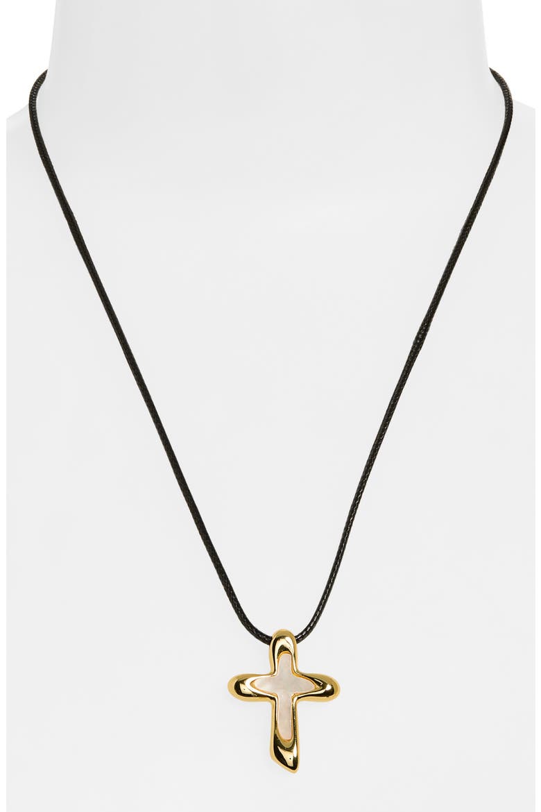 Mother-of-Pearl Cross Pendant Cord Necklace, Alternate, color, GOLD