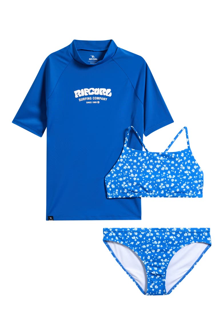 Kids' Surf Puff Floral Print 3-Piece Swimsuit Set, Main, color, DEEP BLUE