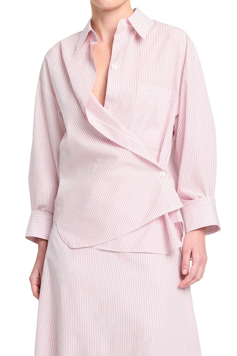 Newest Earl Stripe Wrap Front Cotton Button-Up Shirt, Main, color, WHITE / RED