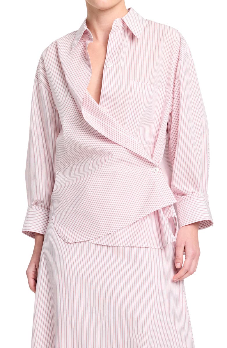 TWP Newest Earl Stripe Wrap Front Cotton Button-Up Shirt, Main, color, White / Red