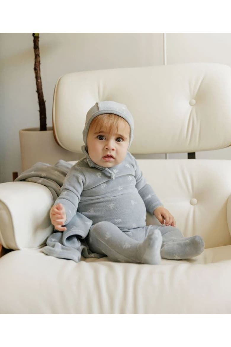 Velour Leaf Pattern Collection - Footie + Bonnet, Alternate, color, Blue