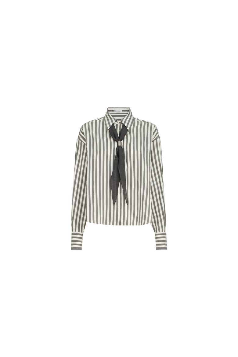 Striped silk poplin shirt with virgin wool foulard, Alternate, color, Green
