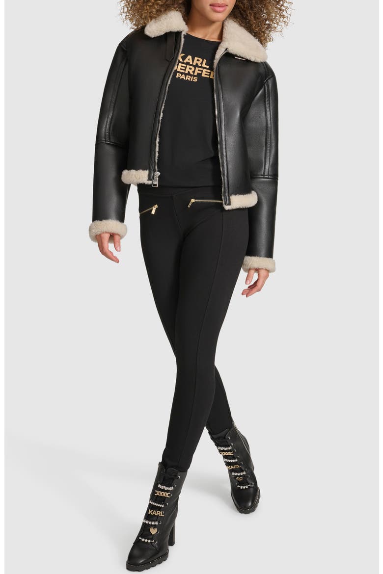 Faux Leather & Faux Shearling Bomber Jacket, Alternate, color, BLACK