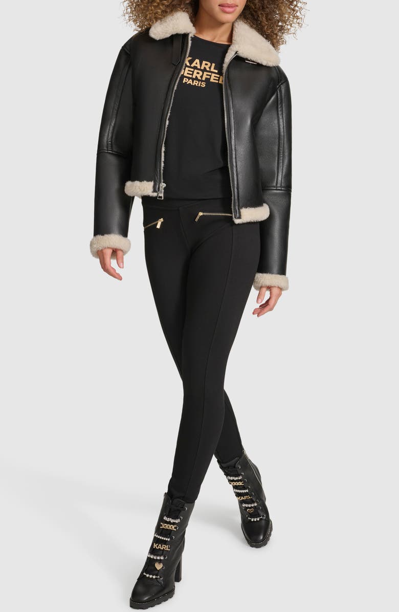 KARL LAGERFELD PARIS Faux Leather & Faux Shearling Bomber Jacket, Alternate, color, Black
