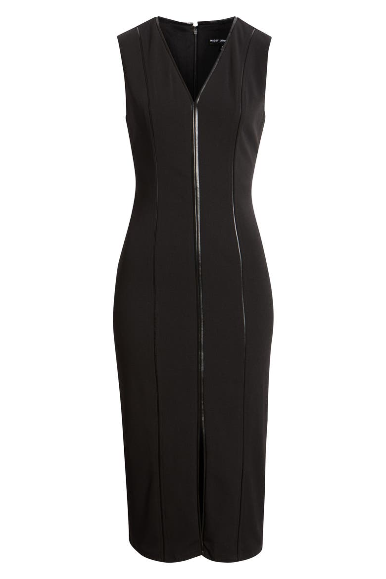 Leather Trim Sleeveless Midi Dress, Main, color, BLACK
