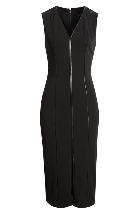 Leather Trim Sleeveless Midi Dress