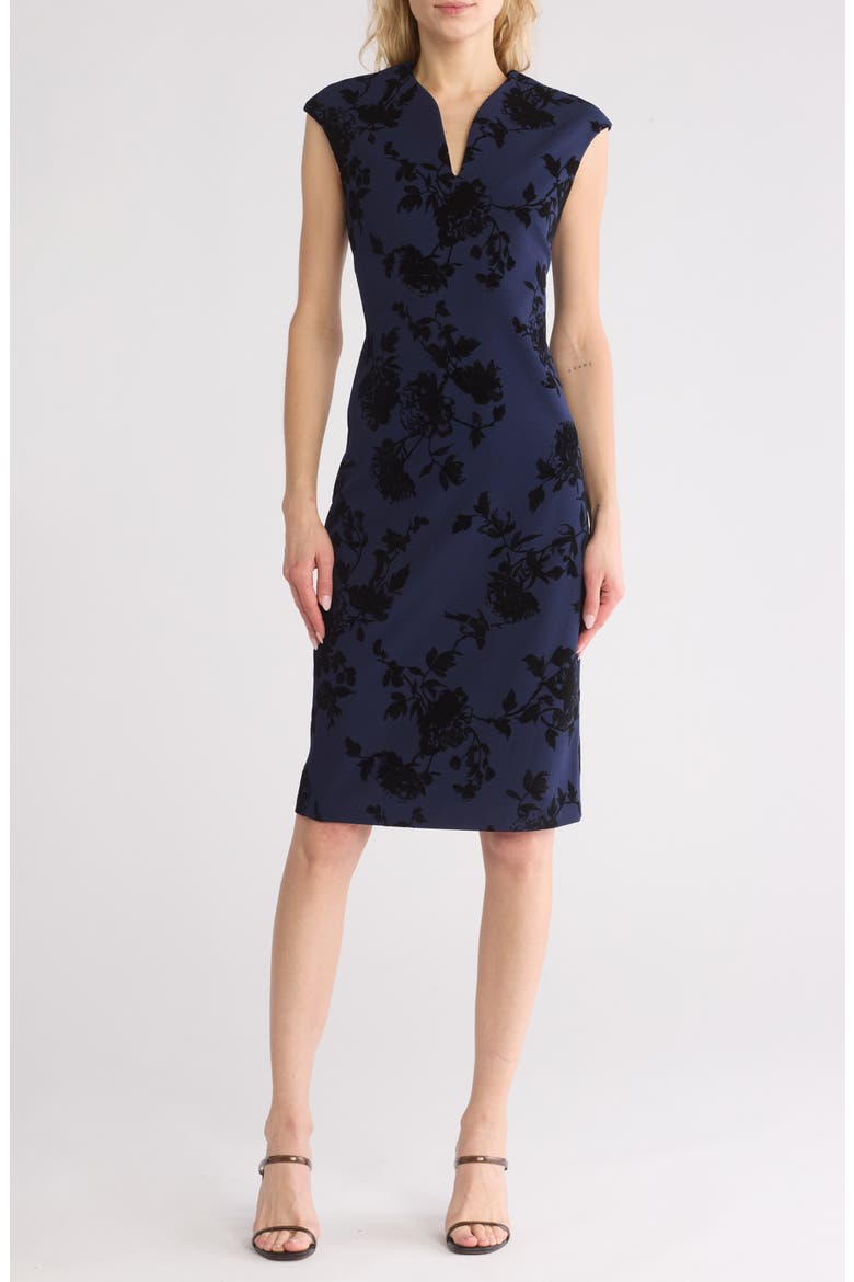 Floral Flocked Scuba Knit Sheath Dress, Main, color, MIDNIGHT