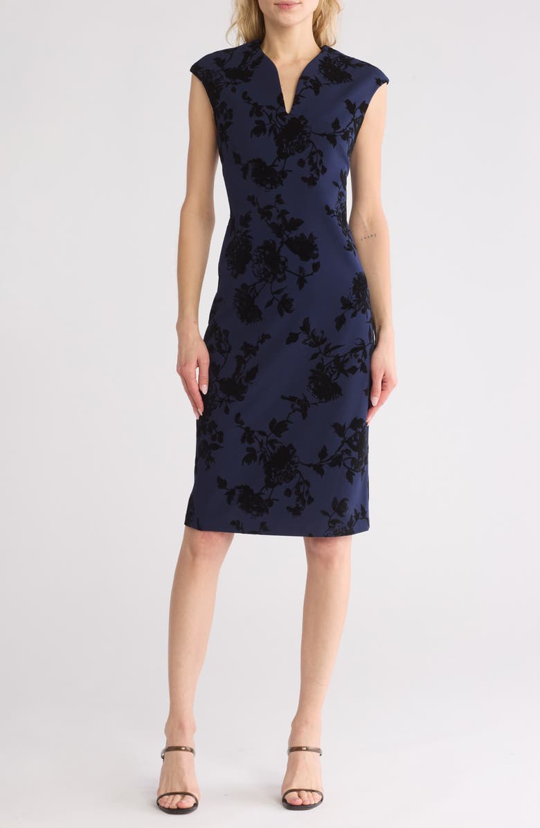 Connected Apparel Floral Flocked Scuba Knit Sheath Dress, Main, color, Midnight