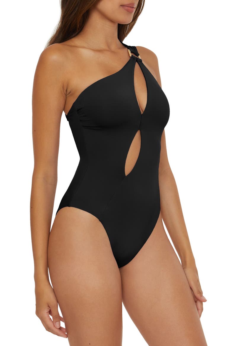 One-Shoulder Cutout One-Piece Swimsuit, Alternate, color, BLACK