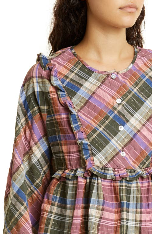 Veronica Beard Katalina Plaid Peplum Top In Olive/pink