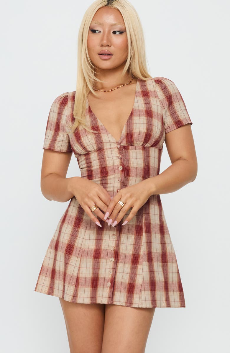 Princess Polly Twist of Fate Plaid Button Front Minidress, Alternate, color, Red