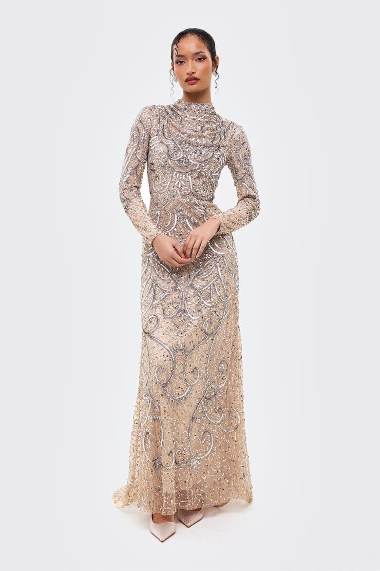 Modest Cowl Embellished Sequins Maxi Dress, Main, color, RICHMOND
