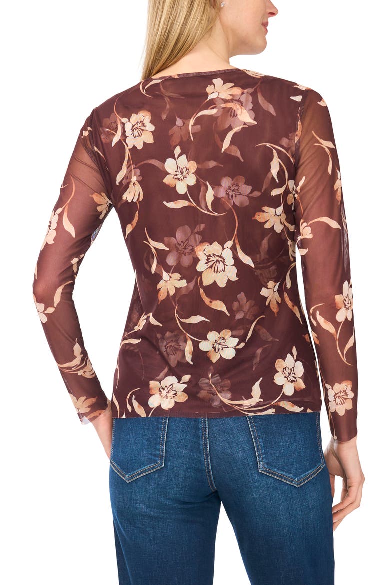 Floral Print Long Sleeve Mesh Top, Alternate, color, PUCE