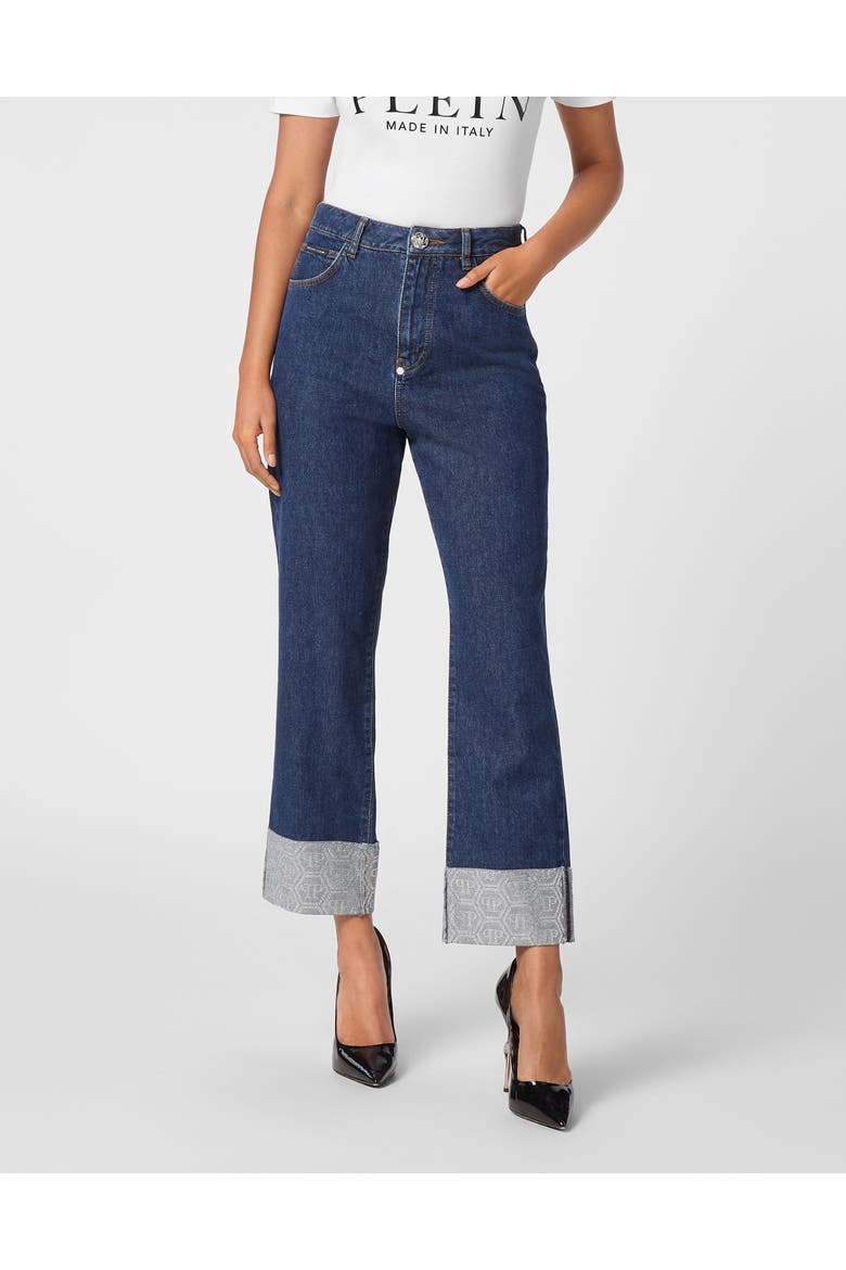 Denim Trousers Loose Fit Monogram Women, Main, color, DEEPSEABLUE