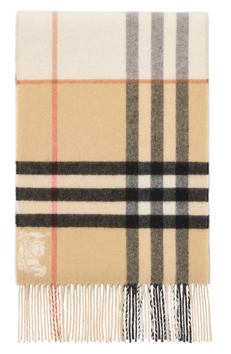 Burberry Jacquard Check Double Face Cashmere Fringe Scarf, Alternate, color, Sand/ Pebble White