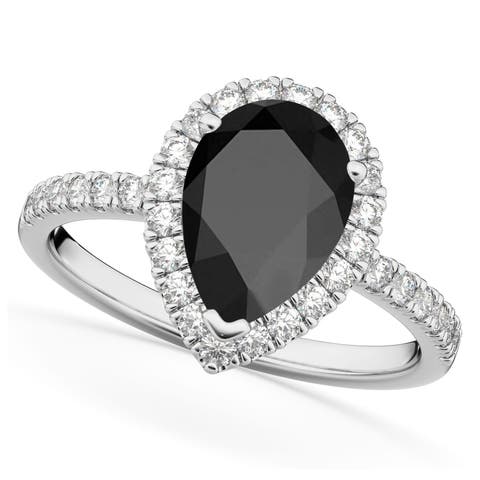 Pear Cut Halo Black Onyx & Diamond Engagement Ring 14K