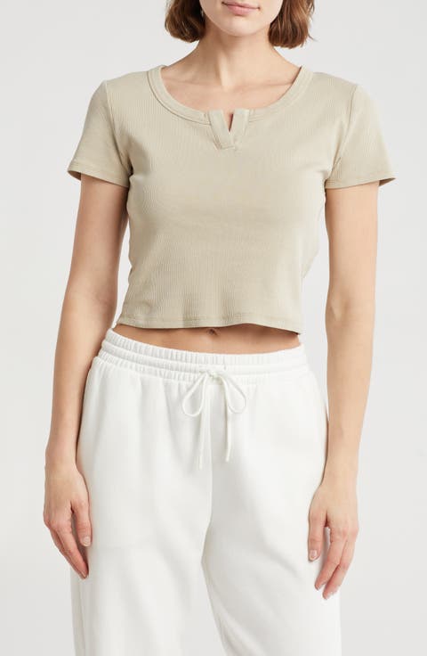 Split Neck Rib Knit T-Shirt