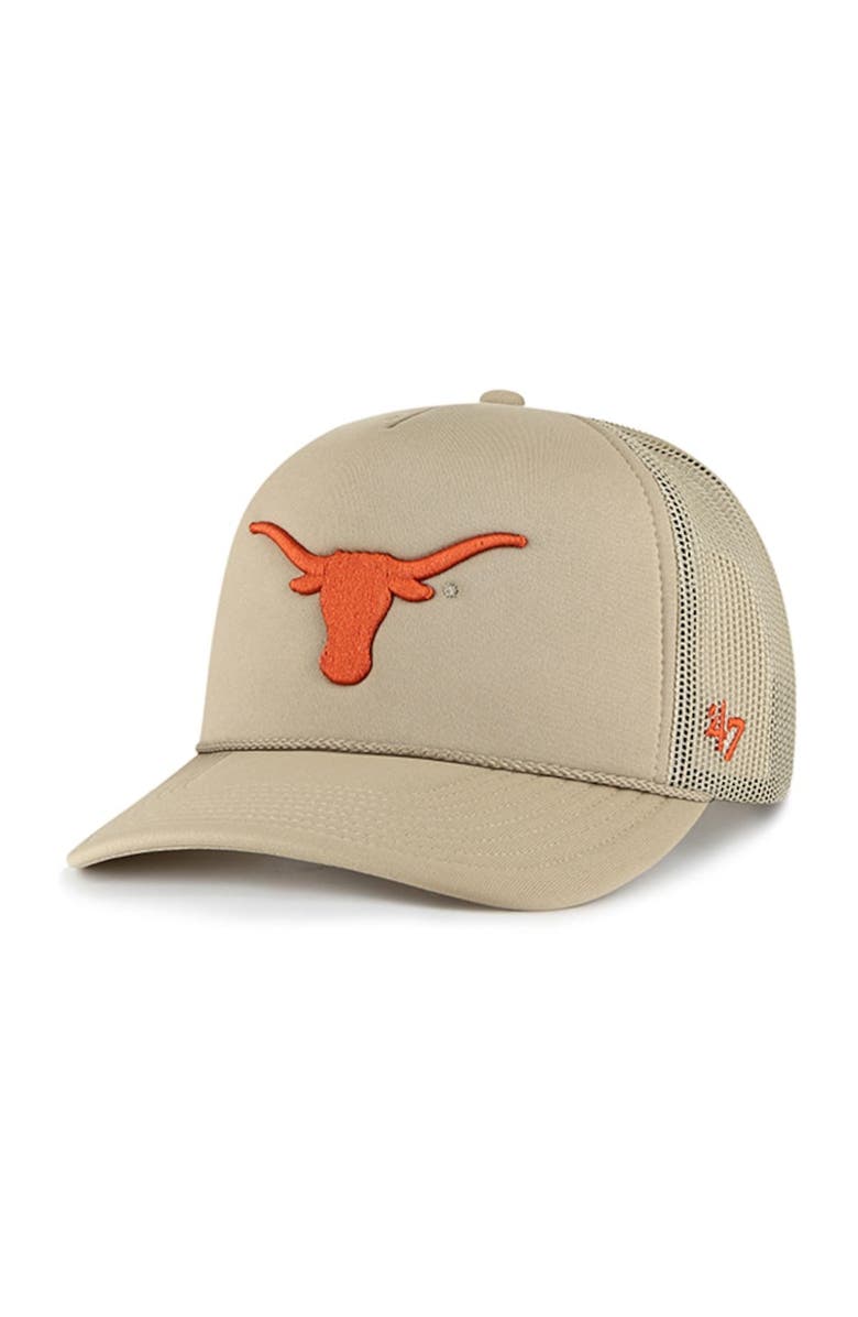 '47 Men's '47 Khaki Texas Longhorns Foam Front Mesh Trucker Snapback Hat, Main, color, 