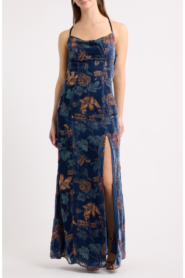 River Cowl Neck Sleeveless Velvet Gown, Main, color, NAVY FLORAL