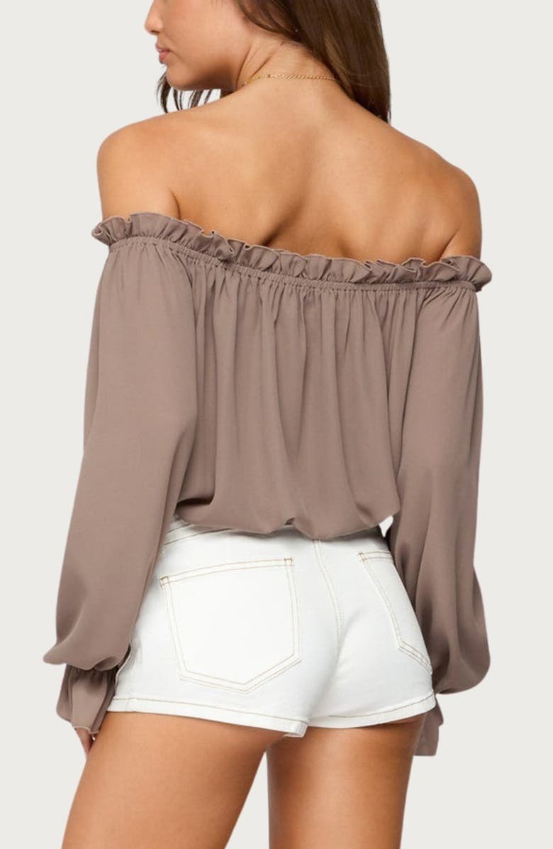 EDIKTED Juna Off the Shoulder Ruffle Chiffon Top, Alternate, color, Brown