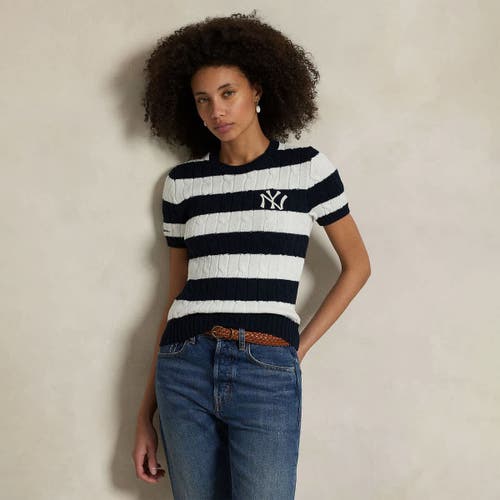 Polo Ralph Lauren Navy/white Yankees  Short Sleeve Cable Knit Sweater In Multi