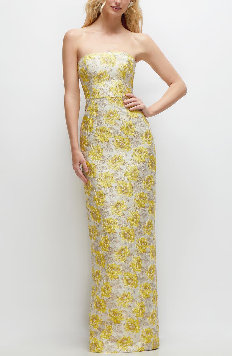 Alfred Sung Golden Metallic Jacquard Strapless Column Gown, Main, color, Golden Yellow