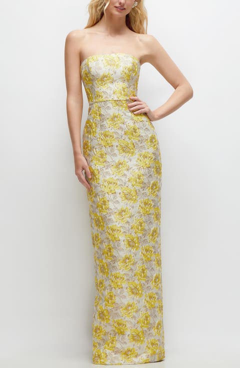 Golden Metallic Jacquard Strapless Column Gown