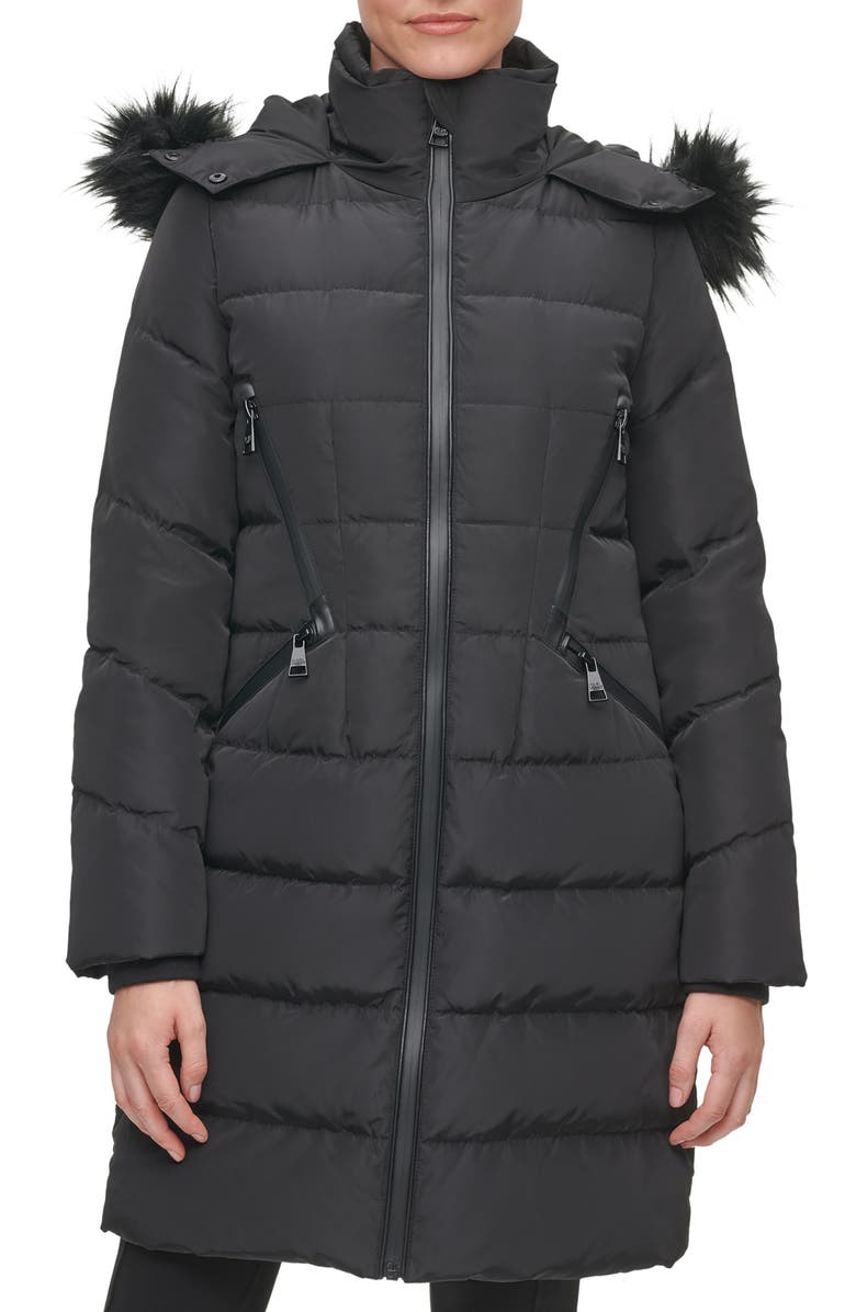 KARL LAGERFELD PARIS Water Resistant Down & Feather Parka with Faux Fur Trim, Main, color, 